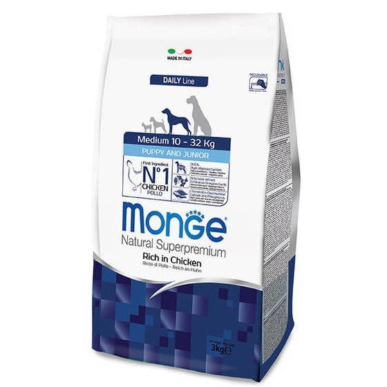 MONGE DOG PUPPY JUNIOR MEDIUM CHICKEN sausā barība kucēniem Vista 3kg